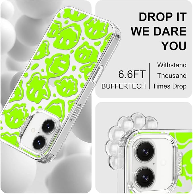 MOSNOVO for iPhone 17 Case | Military Grade 6.6ft Drop Tested | Camera Control | Clear with Distorted Green Smiles Face Design
