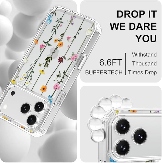 MOSNOVO for iPhone 17 Pro Max Case | Military Grade 6.6ft Drop Tested | Camera Control | Clear with Wildflowers Design