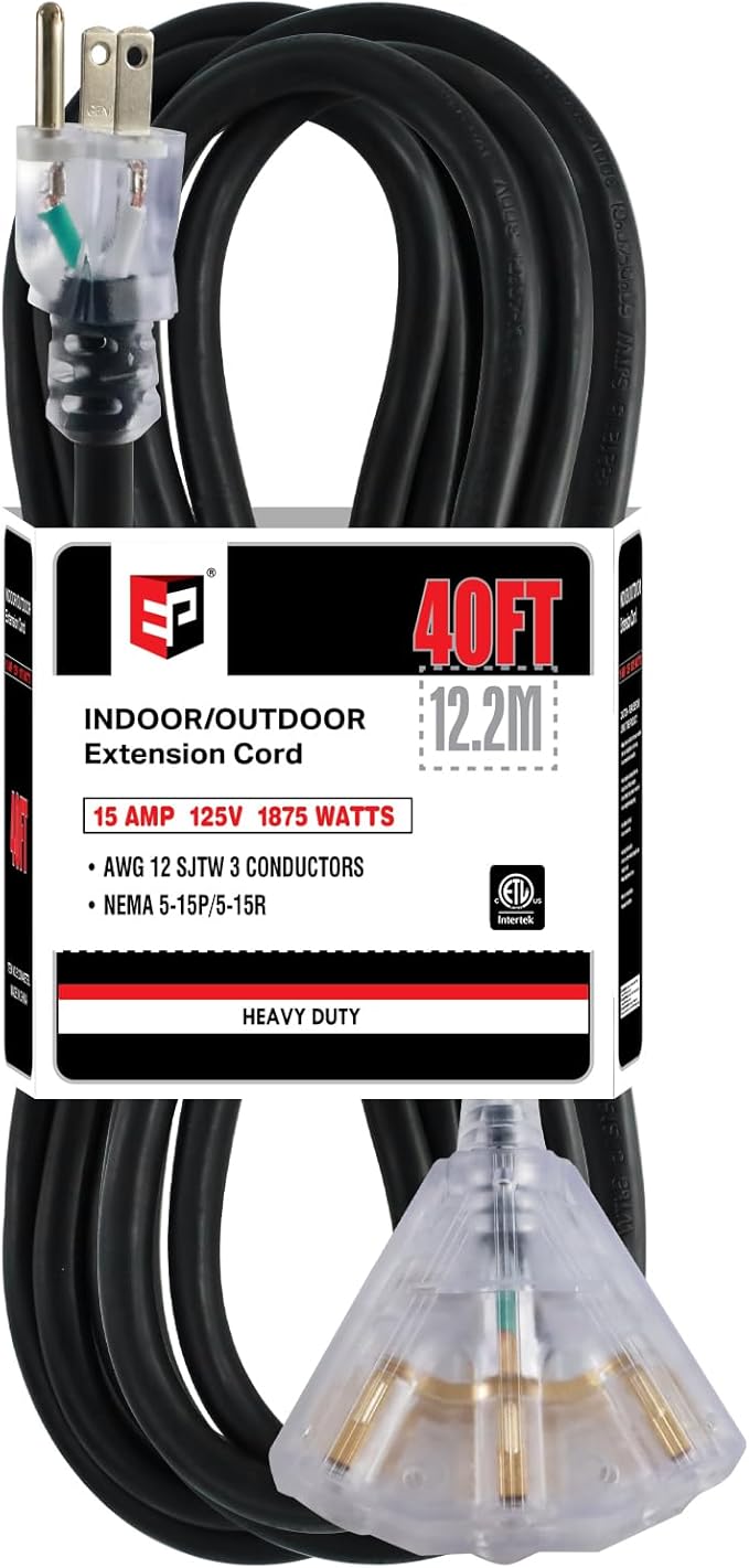 EP 40 Ft 12 Gauge Heavy Duty Extension Cord, 15A 125V 1875W, 3 Outlet Indoor/Outdoor Power Cord with Lighted End, 12/3 SJTW Weatherproof Black