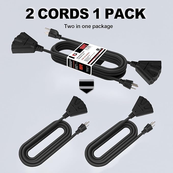 EP 2 Pack 15 Ft Outdoor Extension Cord with 3 Electrical Power Outlets - 16/3 SJTW Black Cable with 3 Prong Grounded Plug for Safety Great for Christmas Lights, Garden and Major Appliances