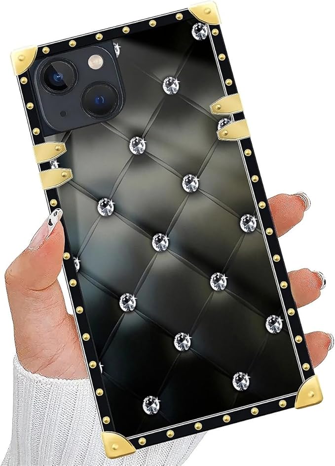 Compatible with iPhone 15 Case, Shiny Black Sofa Crystal Luxury Golden Decoration for Girl Women Soft TPU Shockproof Protective Hard PC Back for iPhone 15
