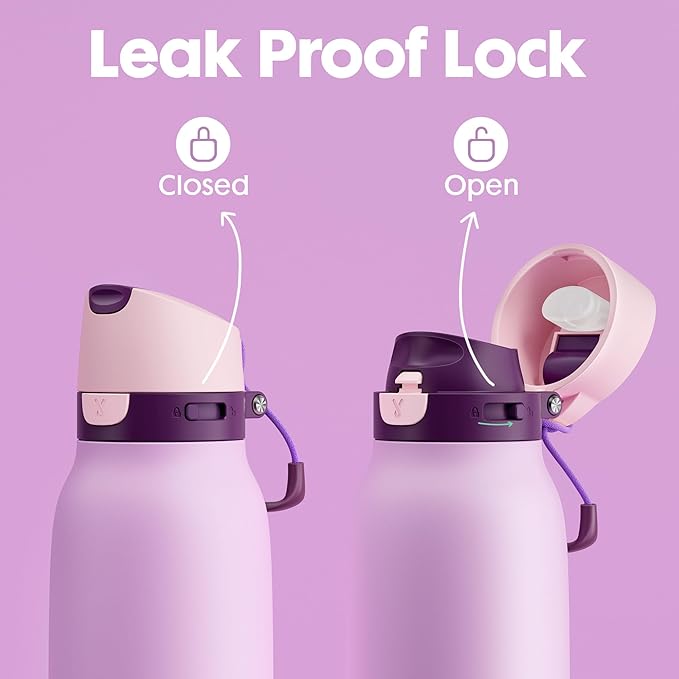 Meoky 24 oz Stainless Steel Slim Water Bottle: Leak Proof Locking Lid, 2-in-1 Straw and Spout, 24 Hours Cold, Top Handle, BPA Free, Insulated Water Bottle for Women Sports Travel Gym, Lavender