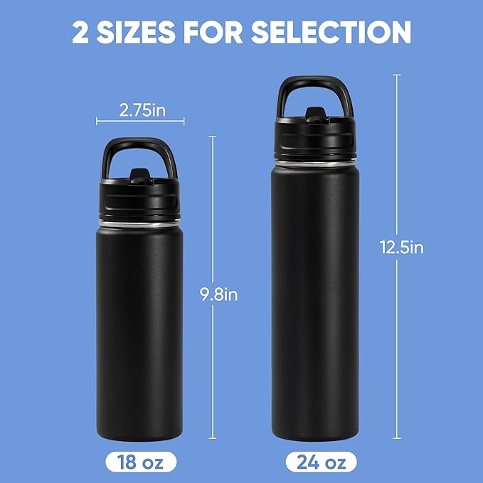 Fijinhom 18oz Insulated Stainless Steel Water Bottle with Straws, Double Wall Vacuum Insulated Bottles, Metal Thermo for Travel, Sports, Leak-Proof, BPA Free, Women & Men, Black