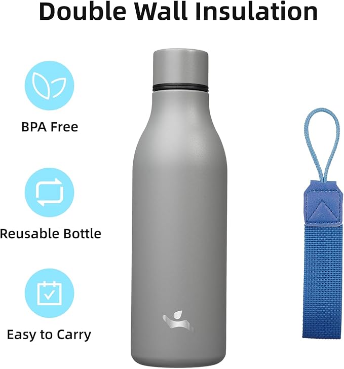 Konokyo Insulated Water Bottle with Strap,18 oz Double Wall Stainless Steel Vacuum Bottles Metal Water Flask,Gray