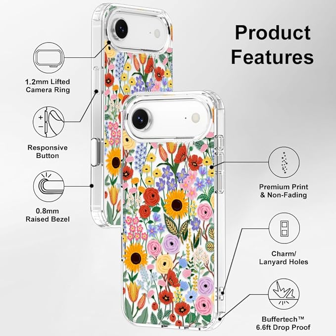 MOSNOVO for iPhone Air Case | Military Grade 6.6ft Drop Tested | Camera Control | Clear with Blossom & Bloom Design