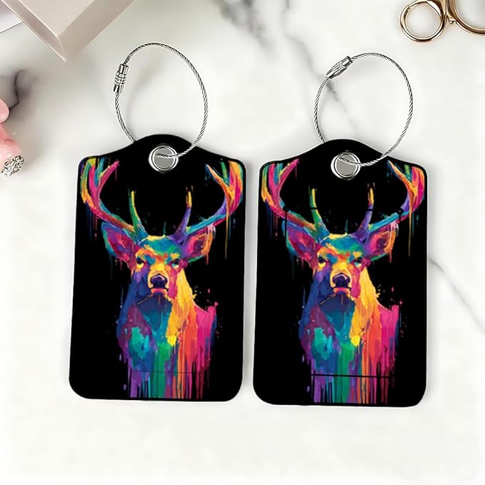 2Pcs Vibrant Deer Luggage Tags for Suitcases, 2.83x4.53 Artistic Animal ID Labels with Privacy Cover, Neon Geometric Bag Tags for Backpacks, Travel Gifts for Men & Women, Set of 2