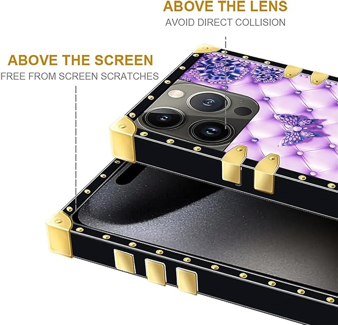 Compatible with iPhone 16 Pro Max Case, Purple Butterfly Flowers Leaf Luxury Golden Decoration for Girl Women Soft TPU Shockproof Protective Hard PC Back