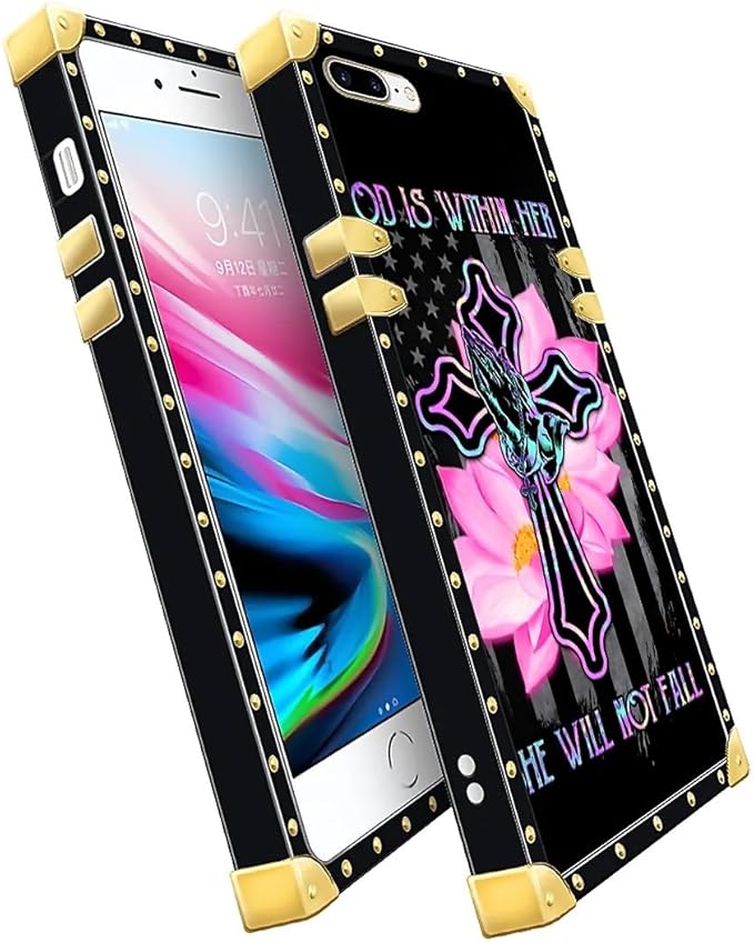 Compatible with iPhone 8 Plus 7 Plus Case, Praying Cross Hands Luxury Golden Decoration for Girl Women Soft TPU Shockproof Protective Hard PC Back for iPhone 8 Plus 7 Plus
