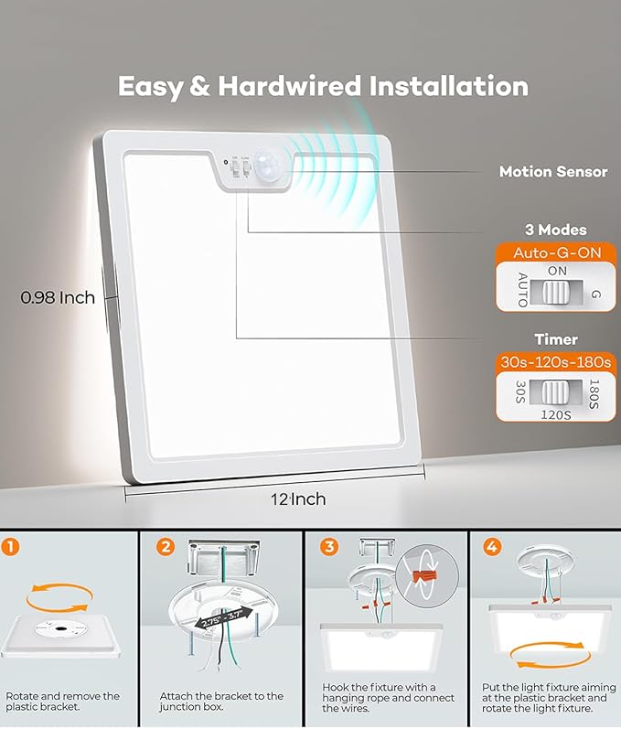 Annaror 12in Motion Sensor Ceiling Light Wired, 3000K 4000K 5000K Selectable, 24W Flush Mount Square Motion Ceiling Light with 3 Timer for Closet Porch Stairs Hallway, White