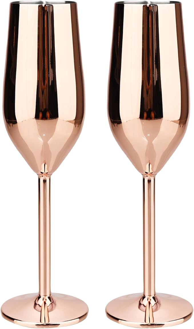 TJ Unbreakable 8 Oz Stainless Steel Champagne Flutes (2 Pack)- Rose Champagne Glasses - Reusable Indoor Outdoor Drinkware - Keeps Drink Cool for Longer - Gift Idea