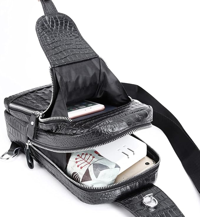 Hebetag Leather Sling Bag Crossbody Backpack for Men Travel Outdoor Office Work Camping Hunting Hiking Shoulder Chest Pack Casual Daypack, Black