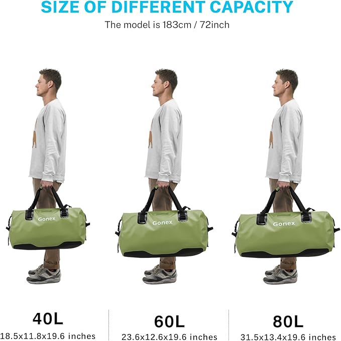 Gonex 40L 60L 80L Extra Large Waterproof Duffle Travel Dry Duffel Bag Heavy Duty Bag with Durable Straps & Handles for Kayaking Paddleboarding Boating Rafting Fishing