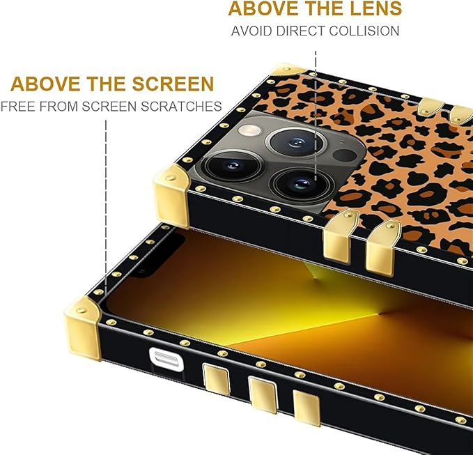 Compatible with iPhone 13 Pro Max Case, Brown Leopard Texture Luxury Golden Decoration for Girl Women Soft TPU Shockproof Protective Hard PC Back for iPhone 13 Pro Max