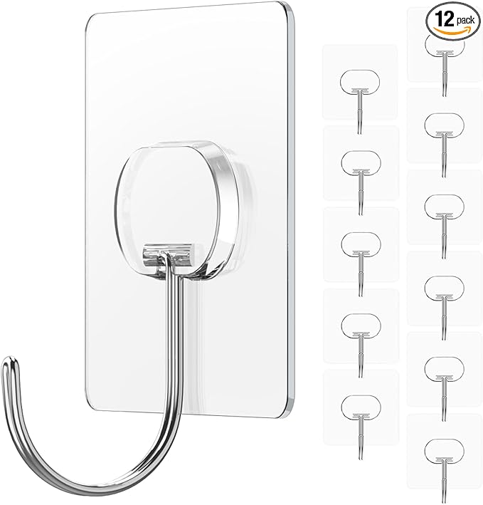 JINSHUNFA Adhesive Wall Hooks 13LB Heavy Duty No Drill Large Transparent Waterproof Hooks for Bathroom Kitchen Towel Coat 12 Pack