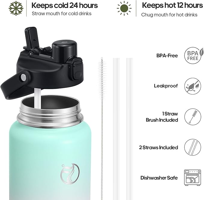 64oz Half Gallon Insulated Water Bottle with 2-in-1 Lid (Chug & Straw), Double Walled Vacuum Stainless Steel Water Bottles, Wide Mouth Leakproof Insulated Jug with Straw