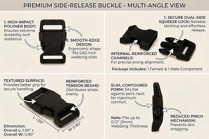 5/8" Black Plastic Side Release Buckle Curved Quick Release for DIY Bracelets, Backpacks, Dog Collars & Tactical Gear