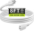 16/3 White Extension Cord 8 FT, Indoor Extension Cord for Laptops, Coffee Makers, Office Home Appliances, 3 Prong Resistant Cable Flexible, 13A 125V 1625W ETL Listed