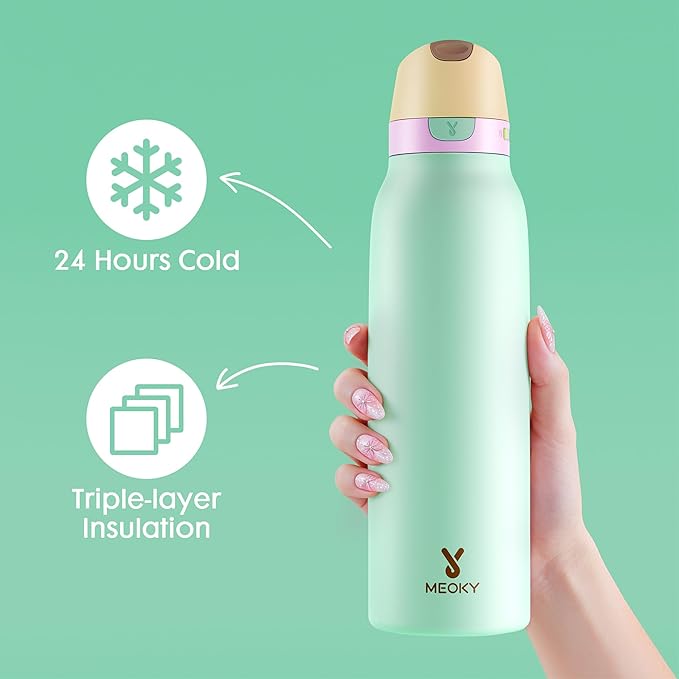 Meoky 24 oz Slim Insulated Water Bottle: Leak Proof Locking Lid, 2-in-1 Straw and Spout, 24 Hours Cold, Top Handle, BPA Free, Stainless Steel Water Bottle for Adults Teens Sports Travel, Lime