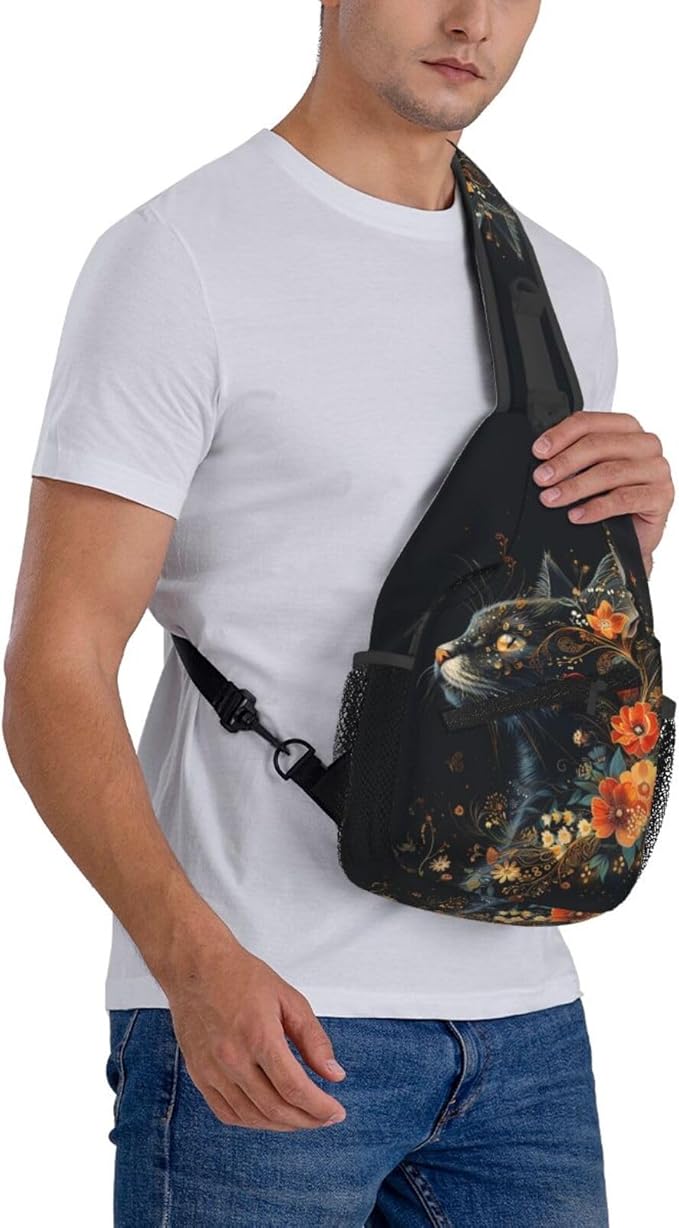 Black Cat Sling Bag For Women Men Halloween Backpack Crossbody Cat with Flower Shoulder Bag Sling Backpack Chest Bag Travel Hiking Casual Sport Daypack