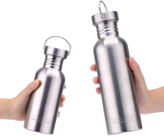 TRIPLE TREE 17 OZ Uninsulated Single Walled Stainless Steel Sports Water Bottle 18/8 Food Grade for Cyclists, Runners, Hikers, Beach Goers, Picnics, Camping - BPA Free