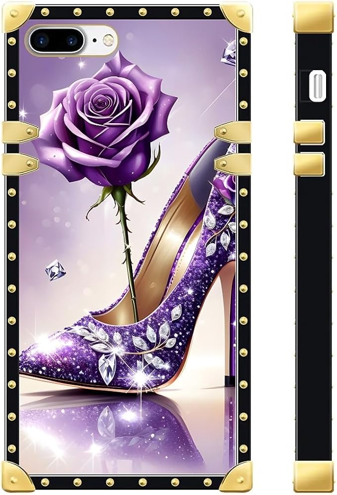 Compatible with iPhone 8 7 SE Case, High Heeled Purple Diamond Rose Luxury Golden Decoration for Girl Women Soft TPU Shockproof Protective Hard PC Back for iPhone 8 7 SE