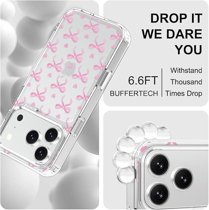 MOSNOVO for iPhone 17 Pro Case | Military Grade 6.6ft Drop Tested | Camera Control | Clear with Bowtiful Love Design