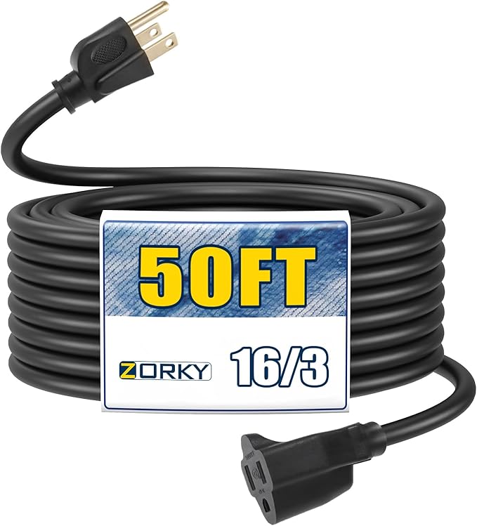 50ft Outdoor Extension Cord - 16/3 Heavy Duty SJTW Waterproof Black Electrical Cable with 3 Prong Grounded Plug for Safety, Great for Lawn and Major Appliances