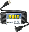 50ft Outdoor Extension Cord - 16/3 Heavy Duty SJTW Waterproof Black Electrical Cable with 3 Prong Grounded Plug for Safety, Great for Lawn and Major Appliances