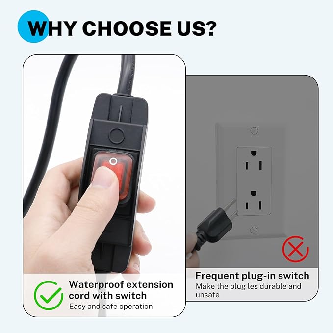 FIRMERST 1875W Outdoor Extension Cord with Switch Waterproof Black 3 Feet