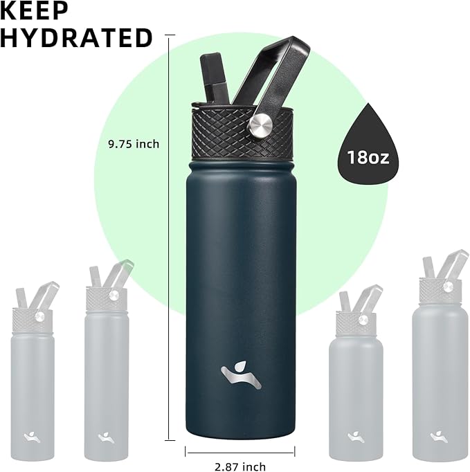 Konokyo 18 oz Insulated Water Bottle Stainless Steel Sport Bottles with 3 Lids,Navy Blue
