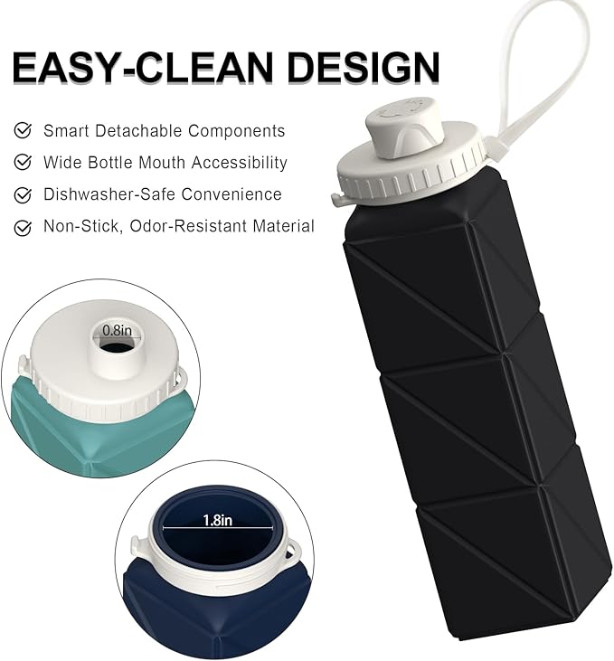 BEAUTAIL Collapsible Water Bottles 20.6oz, Silicone Foldable Portable Travel Water Bottle, BPA-Free, Leakproof Reusable for Traveling Camping Hiking Cycling Yoga Sports Outdoor, 1 Pack (Black)
