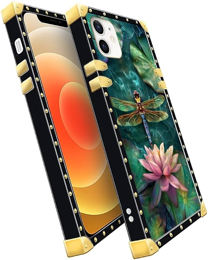 Compatible with iPhone 11 Case, Colourful Dragonfly Pink Lily Pads Luxury Golden Decoration for Girl Women Soft TPU Shockproof Protective Hard PC Back for iPhone 11