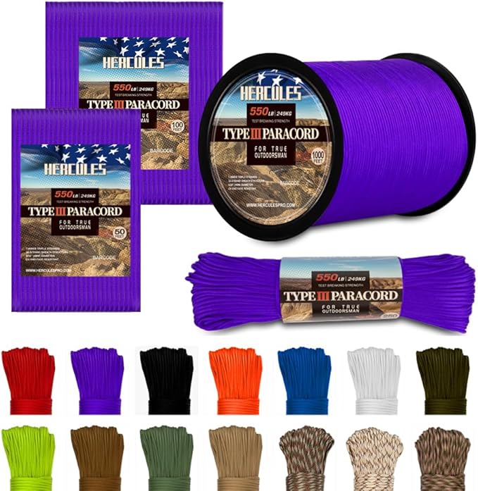 HERCULES Type III Paracord 550 Paracord Rope Parachute Cord, 50' Purple for Camping Cord, Survival Rope