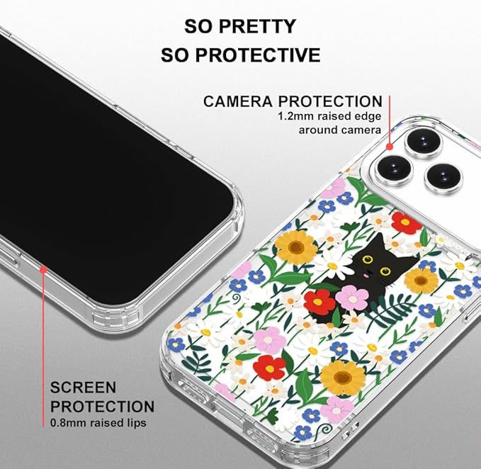 MOSNOVO for iPhone 17 Pro Max Case | Military Grade 6.6ft Drop Tested | Camera Control | Clear with Black Cat in Garden Design