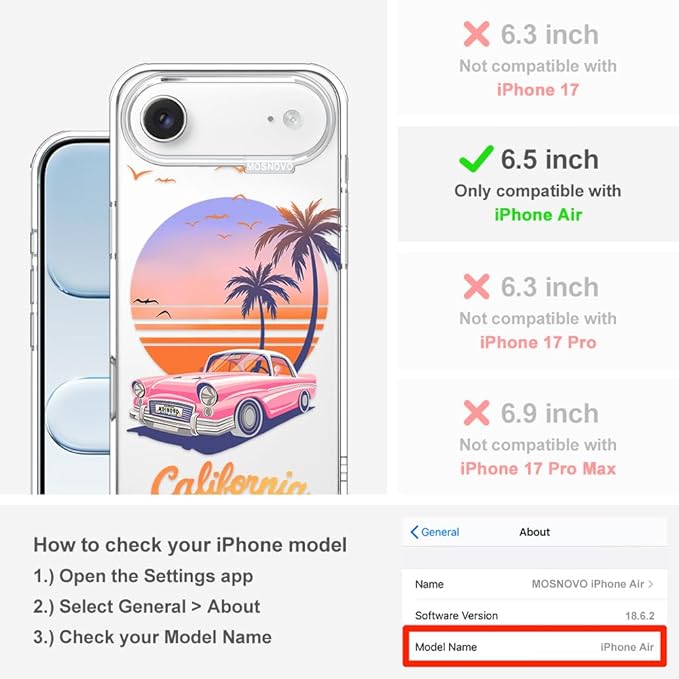 MOSNOVO for iPhone Air Case, Shockproof Military-Grade Protection 6.6ft Drop Tested, Camera Control, Clear Phone Case for iPhone 17 Air, Cali Cruise Design