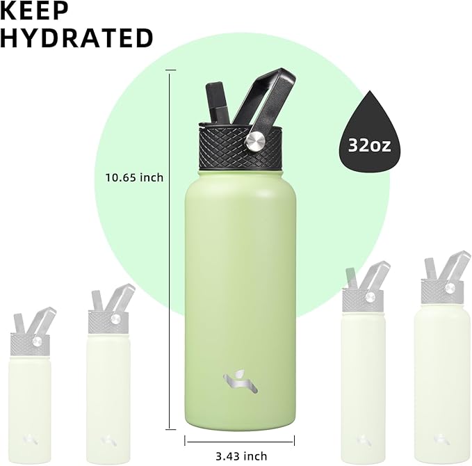 Konokyo 32 oz Insulated Water Bottle Stainless Steel Sport Bottles with 3 Lids,Macaron Green