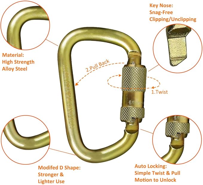 DEKABR Carabiner Heavy Duty, 45KN Twist Lock Steel Auto Locking Climbing Carabiner for Rock and Tree Climbing, Camping, Rappelling, Rescue and Mountaineering – ANAB Certified, Large, Gold