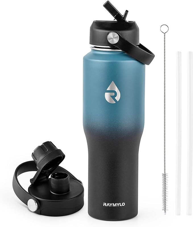 RAYMYLO 32 oz Insulated Water Bottle with Straw fit in Car Cup Holder, Triple Wall Vacuum Stainless Steel(Cold 48 hrs, Hot 24 hrs), Leakproof & Non-BPA, Hydro Travel Flask with Straw and Spout Lid
