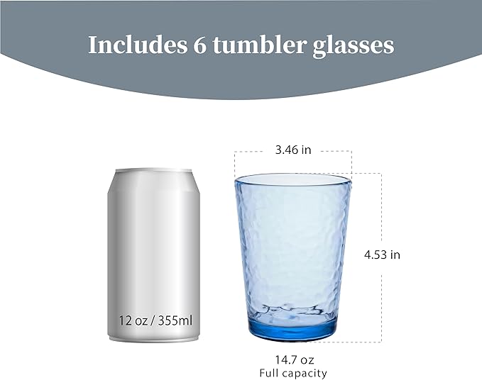 KLIFA- NICE- 14.7 ounce, Set of 6, Acrylic Tumbler Drinking Glasses, BPA-Free, Stackable Plastic Drinkware, Dishwasher Safe Cups, Ocean Blue