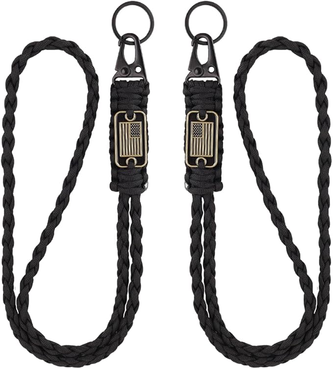 2pcs Heavy Duty Braided Paracord Lanyard Keychains with USA Flag, Parachute Rope Necklace for Outdoor Activities