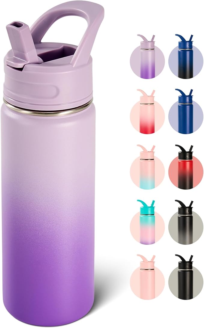 Fijinhom 18oz Insulated Stainless Steel Water Bottle with Straws, Double Wall Vacuum Insulated Bottles, Metal Thermo for Travel, Sports, Leak-Proof, BPA Free, Women & Men, Purple Gradient