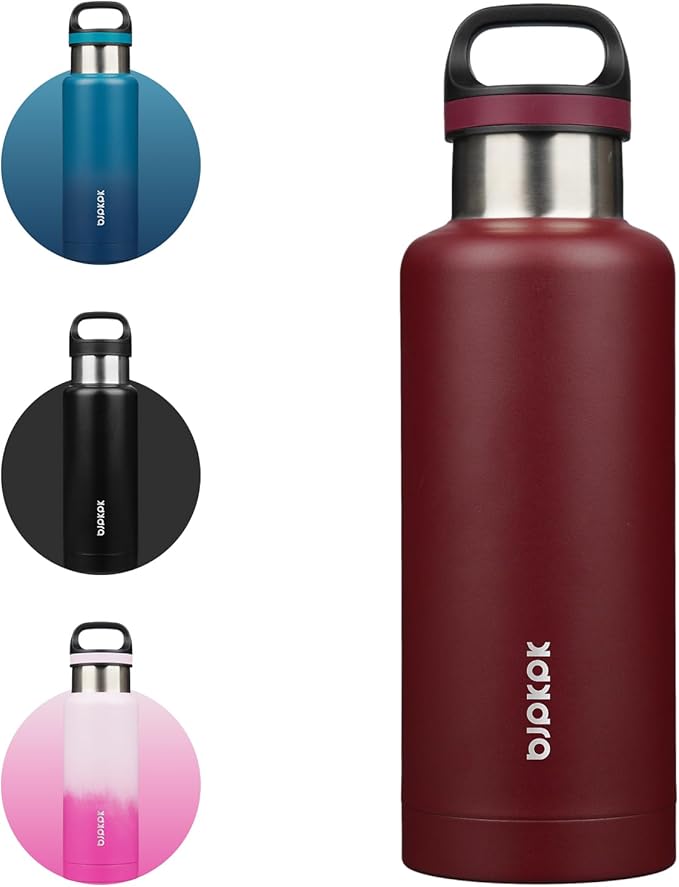 BJPKPK Insulated Water Bottle 32OZ Stainless Steel Water Bottle with Handle Double Walls Vacuum Insulated BPA Free Flask, Deep Red