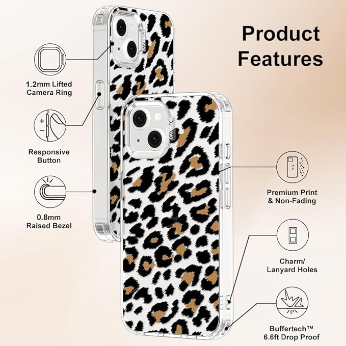 MOSNOVO for iPhone 13/14 Case | Military Grade 6.6ft Drop Tested | Clear with Leopard Print Design