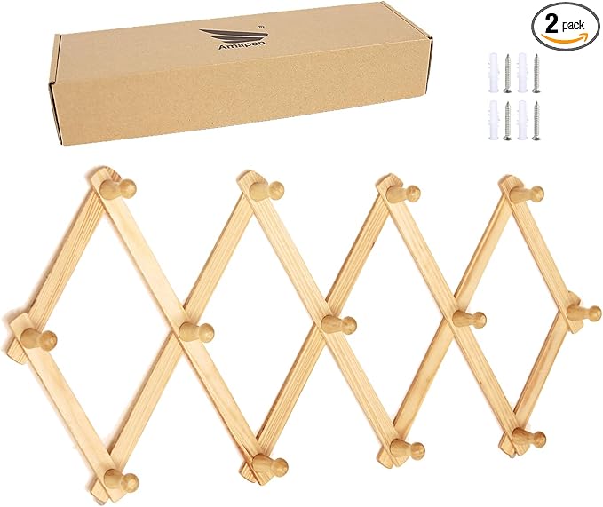 AMAPON Accordion Style Expandable Wall Wooden Coat Rack 13 Hooks (Pegs) Hang Hats Jackets Coffee Mug Purses Necklaces Towels Cap Leash Scarves Data Line Kitchenware (2 Packs)