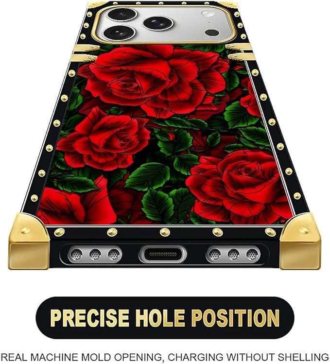 for iPhone 17 Pro Max Case Luxury Golden Decoration for Girl Women Soft TPU Shockproof Protective Hard PC Back for iPhone 17 Pro Max Crazy Pattern Vector Red Rose Green Leaf