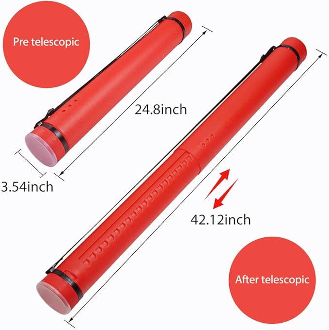 DEWEL Document Tube,Plastic Expanding Poster/Art/Document Storage Tube 24.5 to 40 inches Adjustable with Carrying Strap Waterproof and Light-Resistance Telescoping Carrying Case (Red-Large Size)