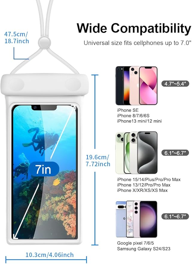 wellhouse Waterproof Phone Pouch, Waterproof Phone Case for iPhone 17 16 15 14 13 Pro Max XS Samsung, IPX8 3D Cellphone Dry Bag Beach Essentials (2 Pack - Duke Green & White7.0, 7 inch)