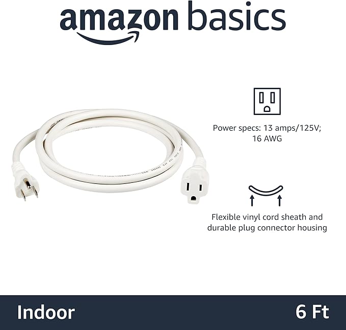 Amazon Basics 3-Prong Extension Cord for Indoor Use, 13 Amps, 125V, 6 Foot, White, 2-Pack
