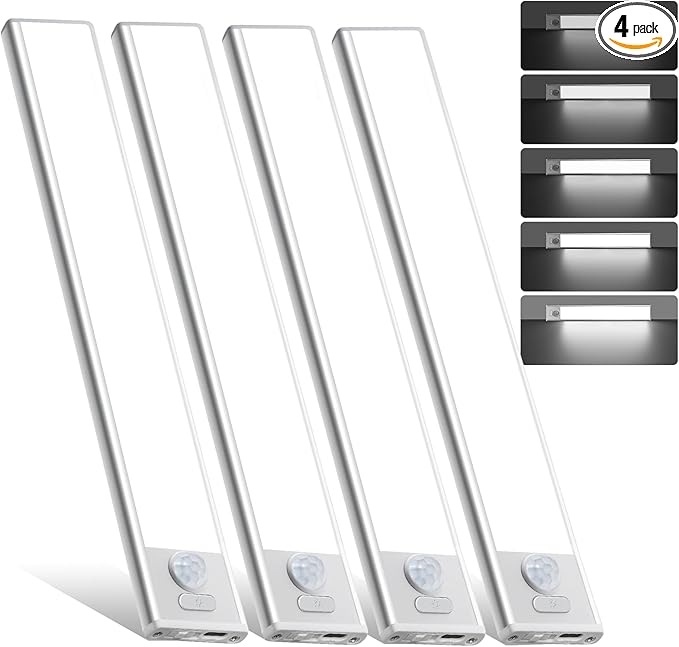 16inch Under Cabinet Lighting, 4 Pack Rechargeable Motion Sensor Light Indoor, Wireless Dimmable Magnetic Closet Lights, 68 LED Under Counter Lights for Kitchen, Wardrobe, Stairs, White Light