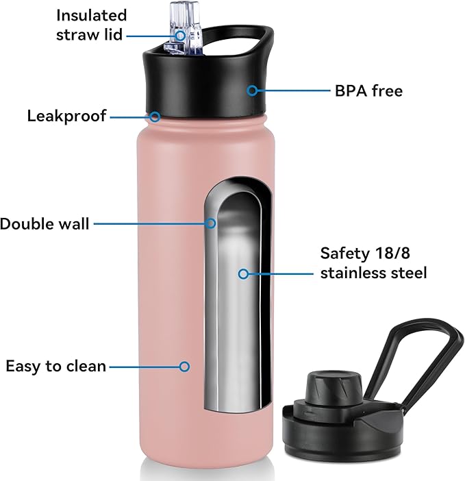 24oz Insulated Water Bottle with Straw Lid, Stainless Steel Metal Water Bottle with Straw & Wide Mouth Lid, Double Wall Vacuum Water Bottle for Hiking Camping, Pink 1 Pack